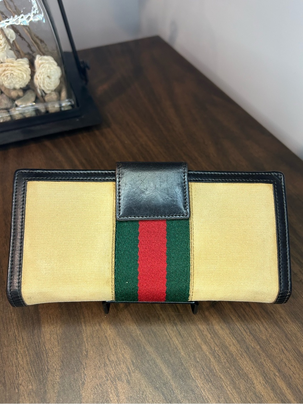 Gucci Vintage Web Stripe Canvas Continental Wallet Black Leather